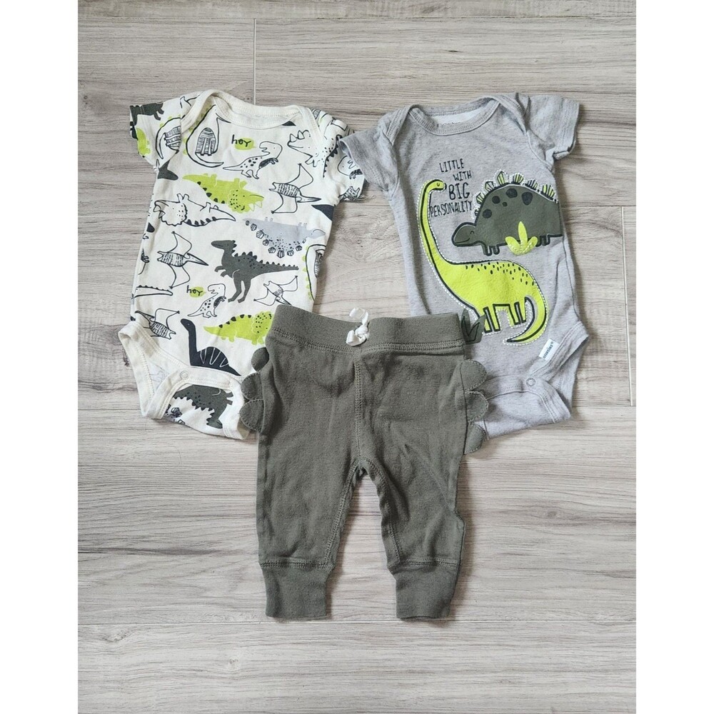 Gerber‎ Baby Outfit Set 0-3M Dinosaur Bodysuit Pants Gray Green 3pc Cotton